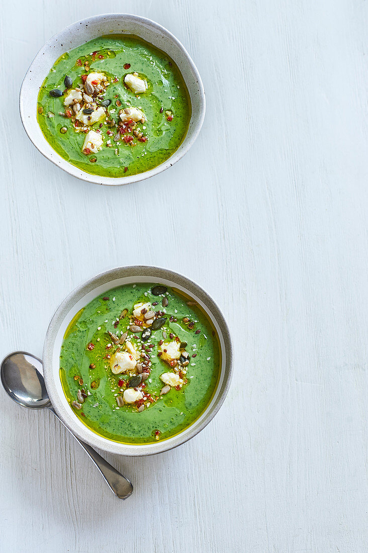 Chilled green soup with feta
