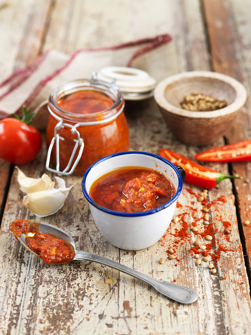 Hausgemachte Harissa im Schälchen und Bügelglas