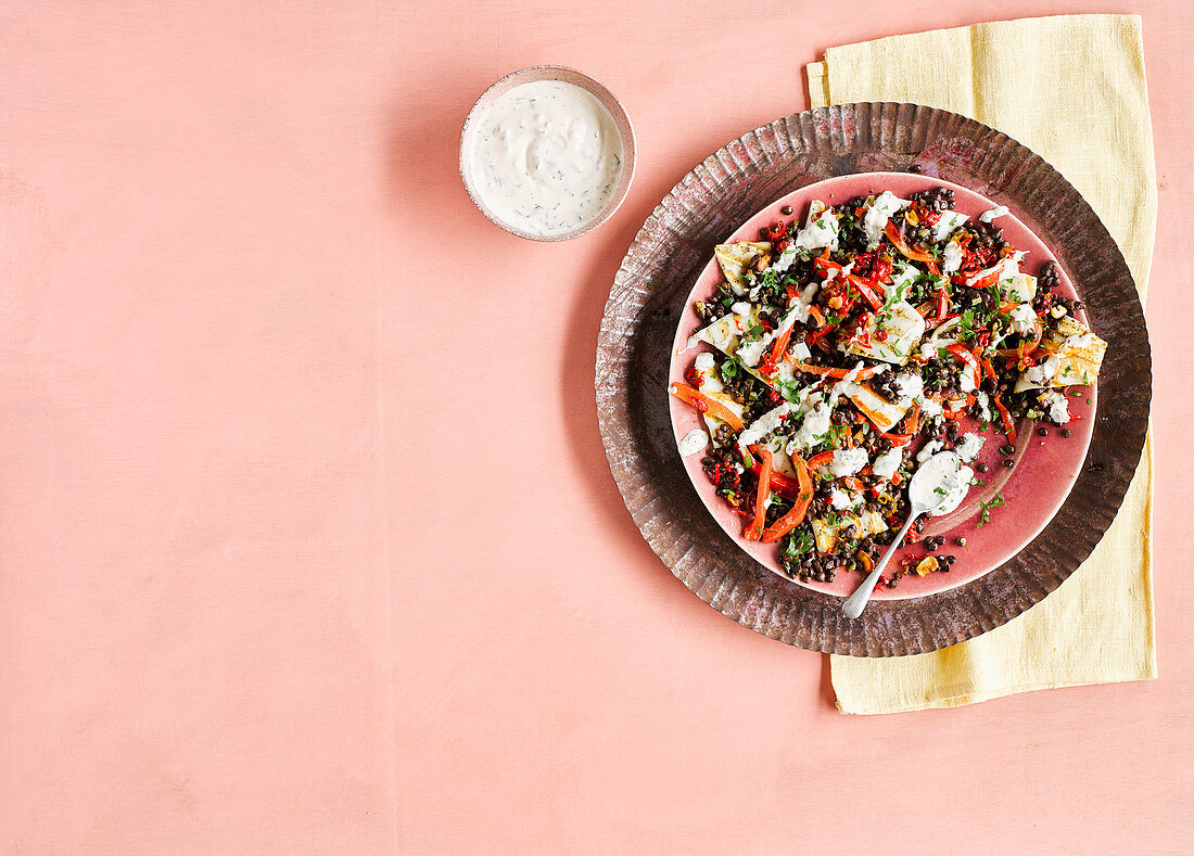 Griddled squid, lentil , roast pepper and preserved lemon with tahini