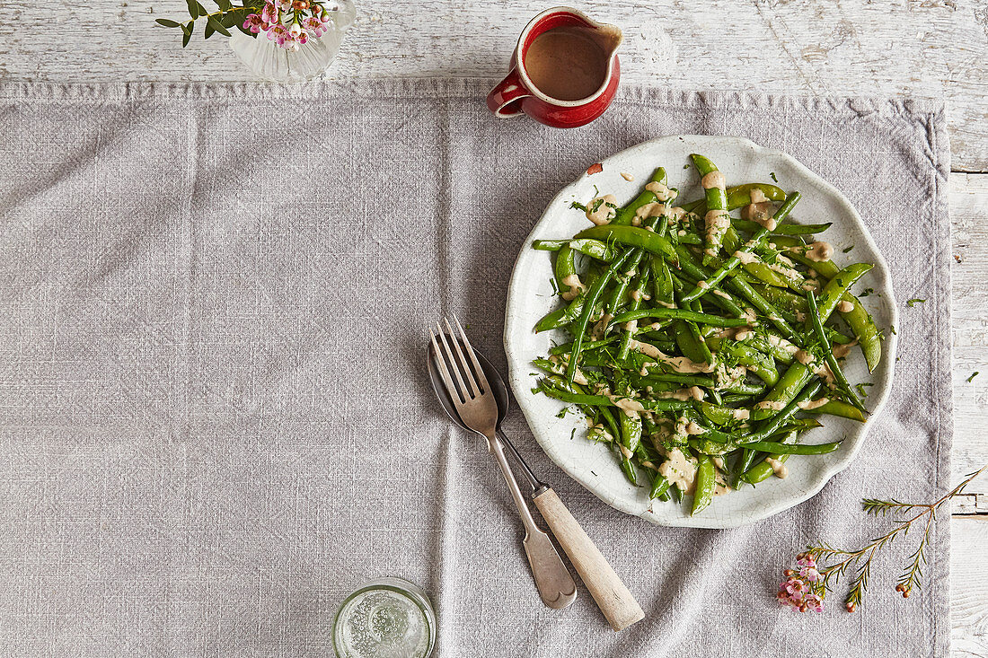 Roast sugar snaps and green beans with tonnato dressing