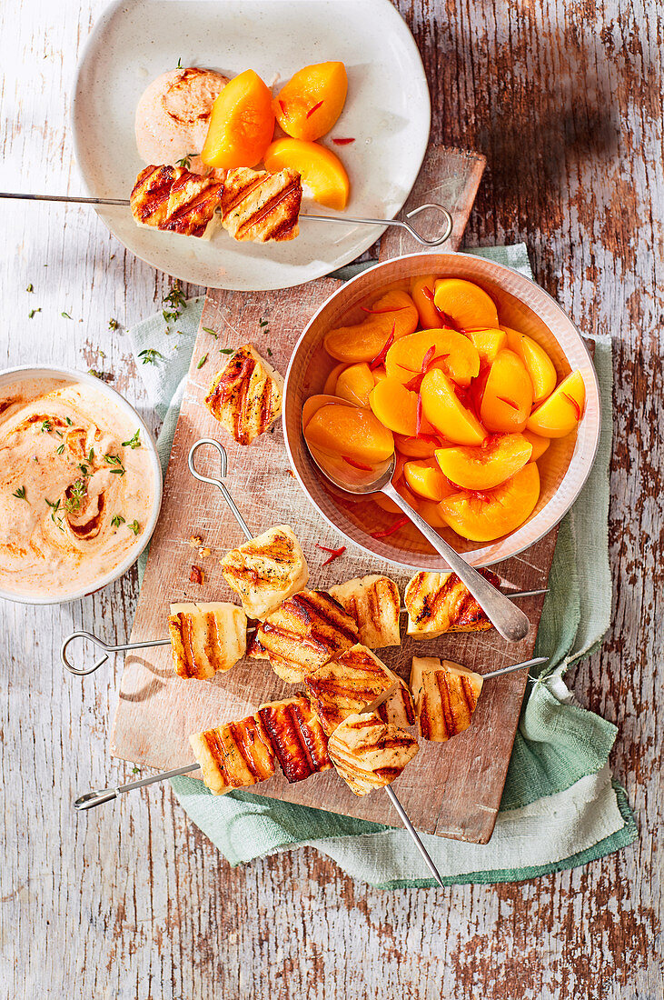 Grilled halloumi, pickled peach and chipotle-thyme yogurt