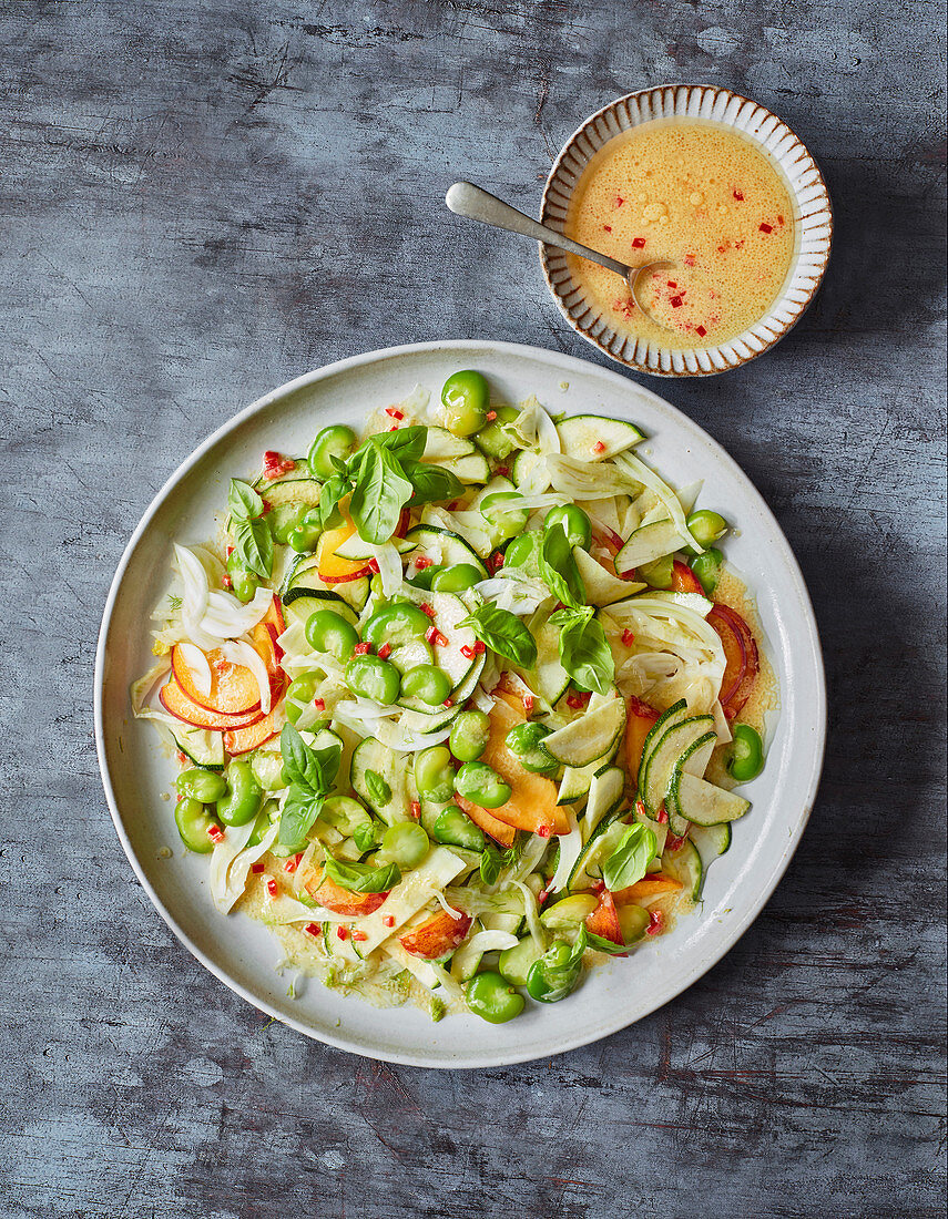 Broad bean, peach and fennel salad
