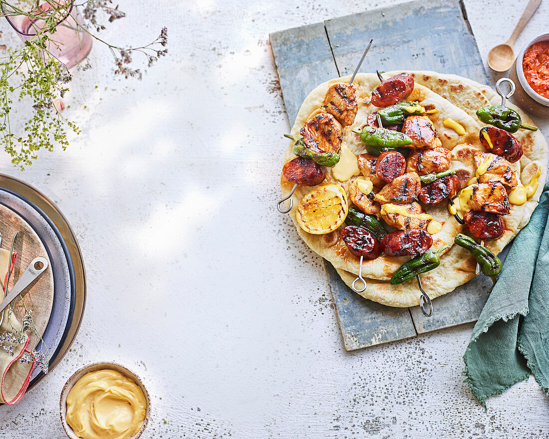 Hähnchen-Chorizo-Spiesse mit Pimientos De Padron auf Fladenbrot