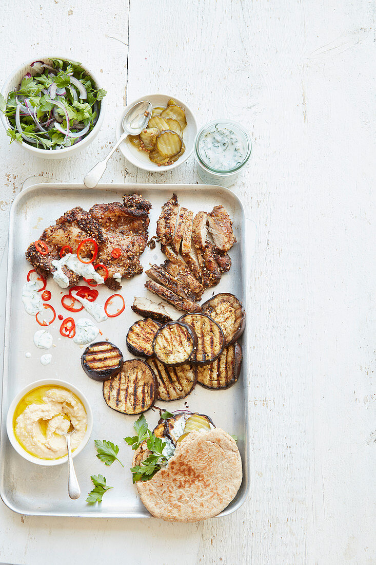 Chicken and aubergine Shawarma pittas