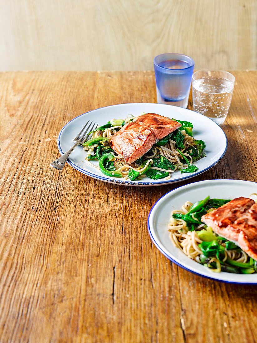 Miso salmon with ginger noodles