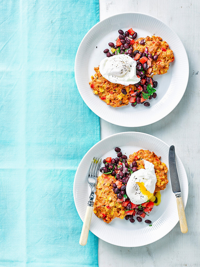 Sweetcorn fritters with eggs and black bean salsa