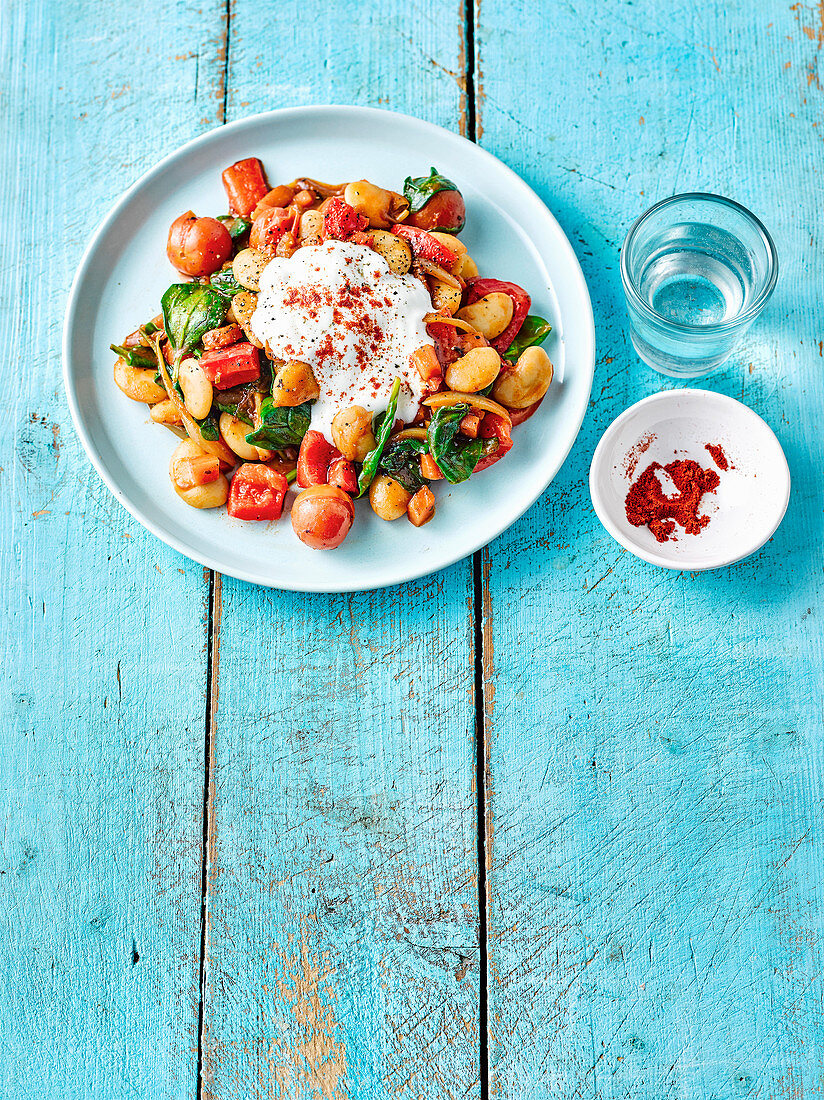 Rustic beans and spinach with garlic yogurt