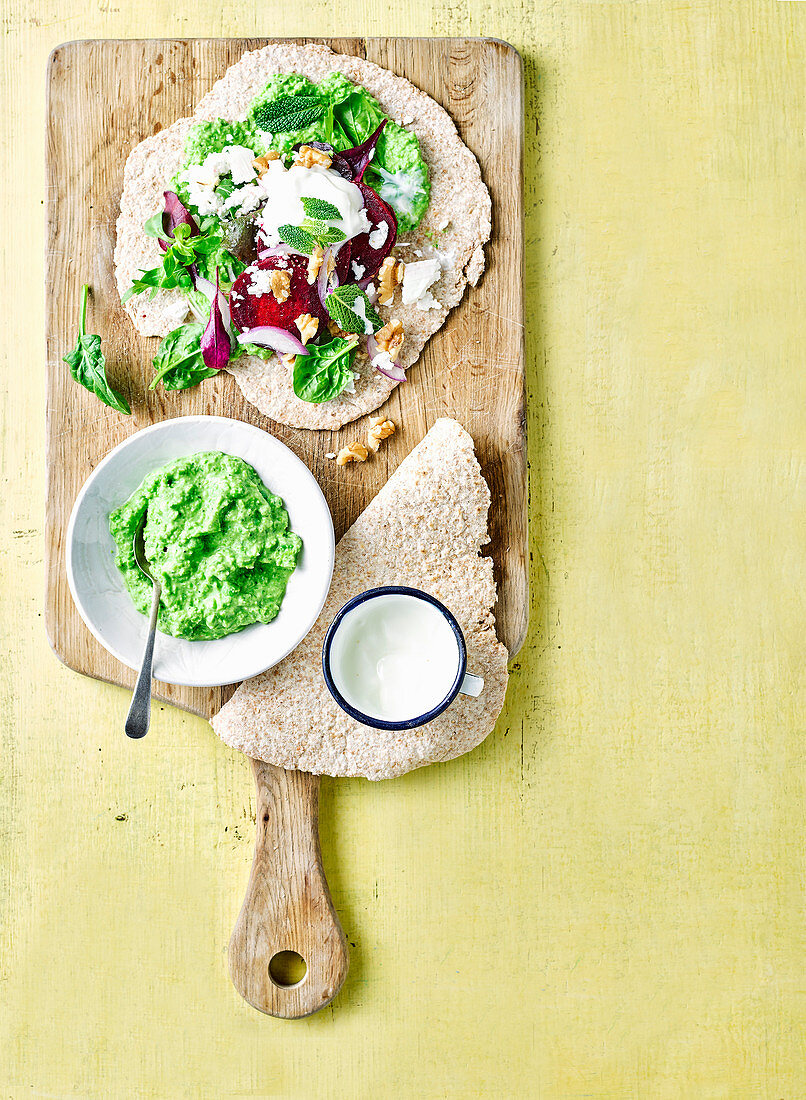 Wholemeal wraps with minty pea hummus and beetroot
