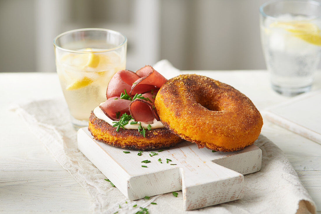 Sweet potato bagel with ham