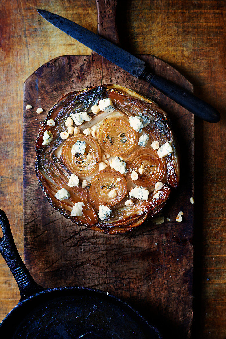 Caramelised onion and chicory tart with Gorgonzola