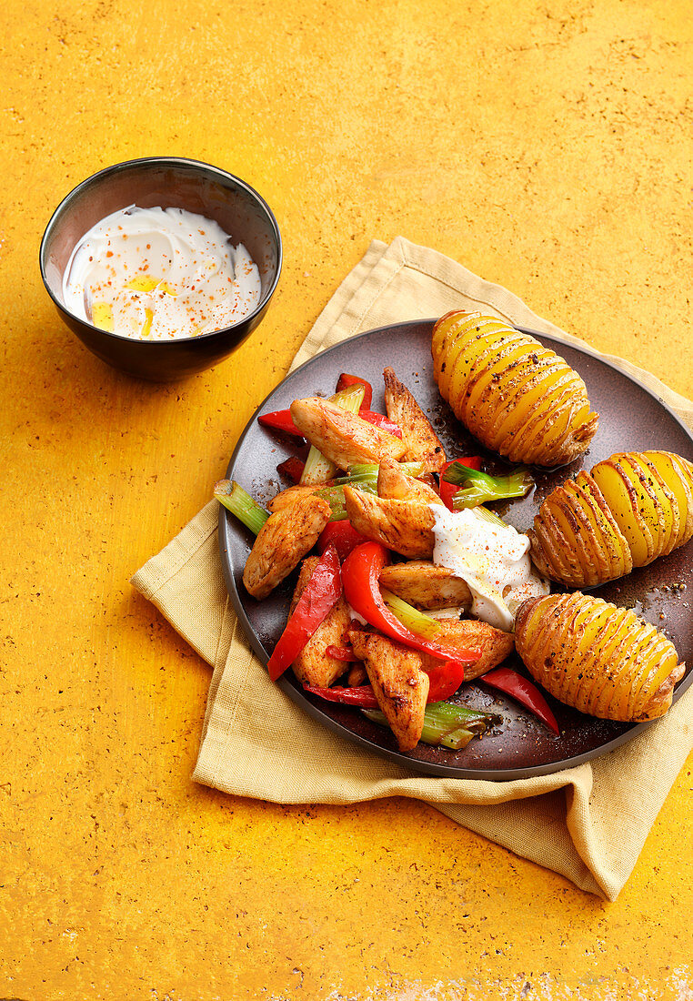 Chicken gyros with hasselback potatoes and a yoghurt dip