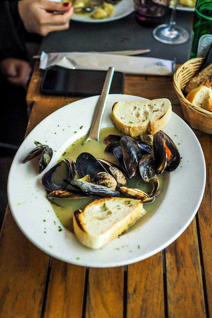 Mussels in the stock served with toasted bread