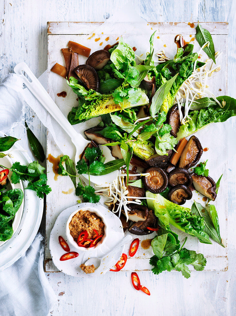 Braised shiitake salad with chilli peanut sauce