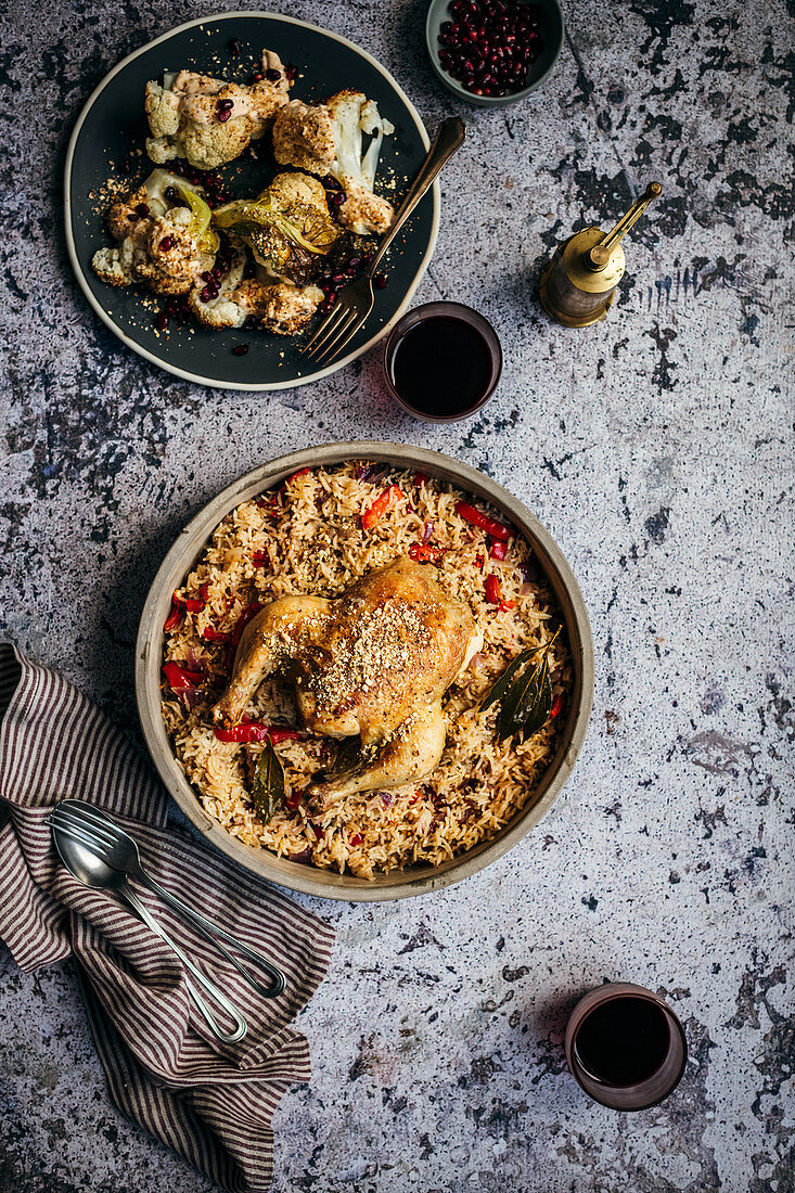 Chicken roasted with basmati rice, with Egyptian dukkah, served with roasted cauliflower