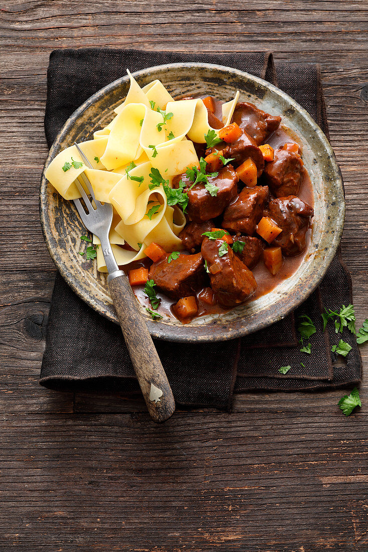 Wild rose hip goulash with pappardelle
