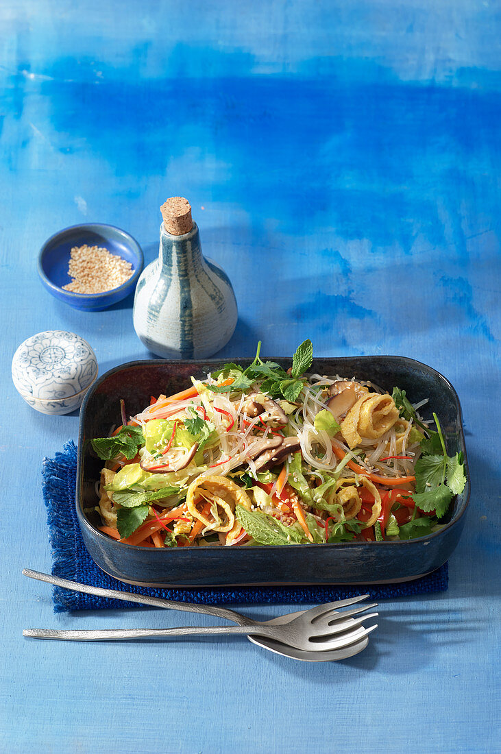 Korean glass noodle salad with shiitake and omelette strips