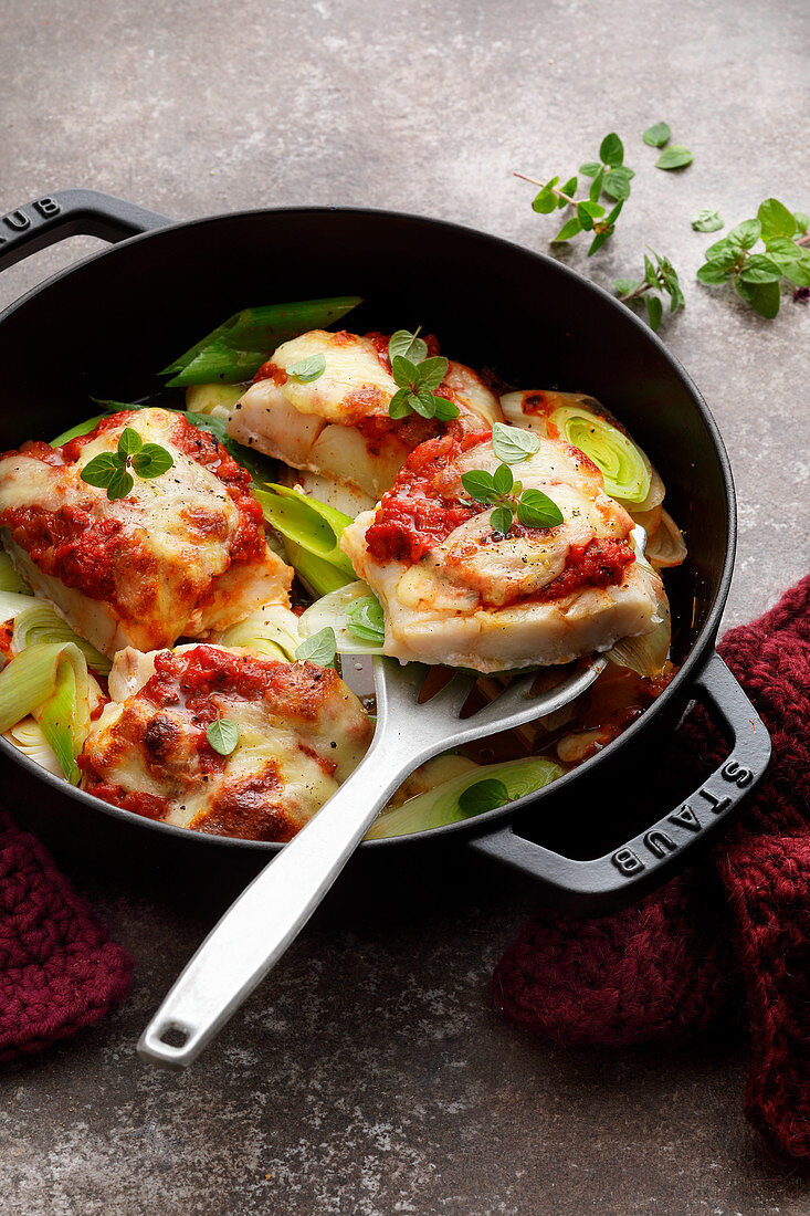 Pollack 'Caprese' with gratinated with mozzarella and tomatoes