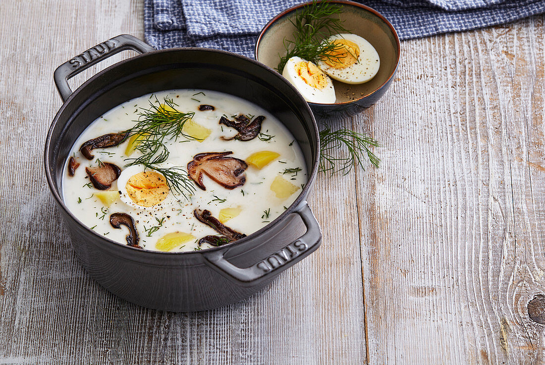 Sour mushroom soup with boiled egg