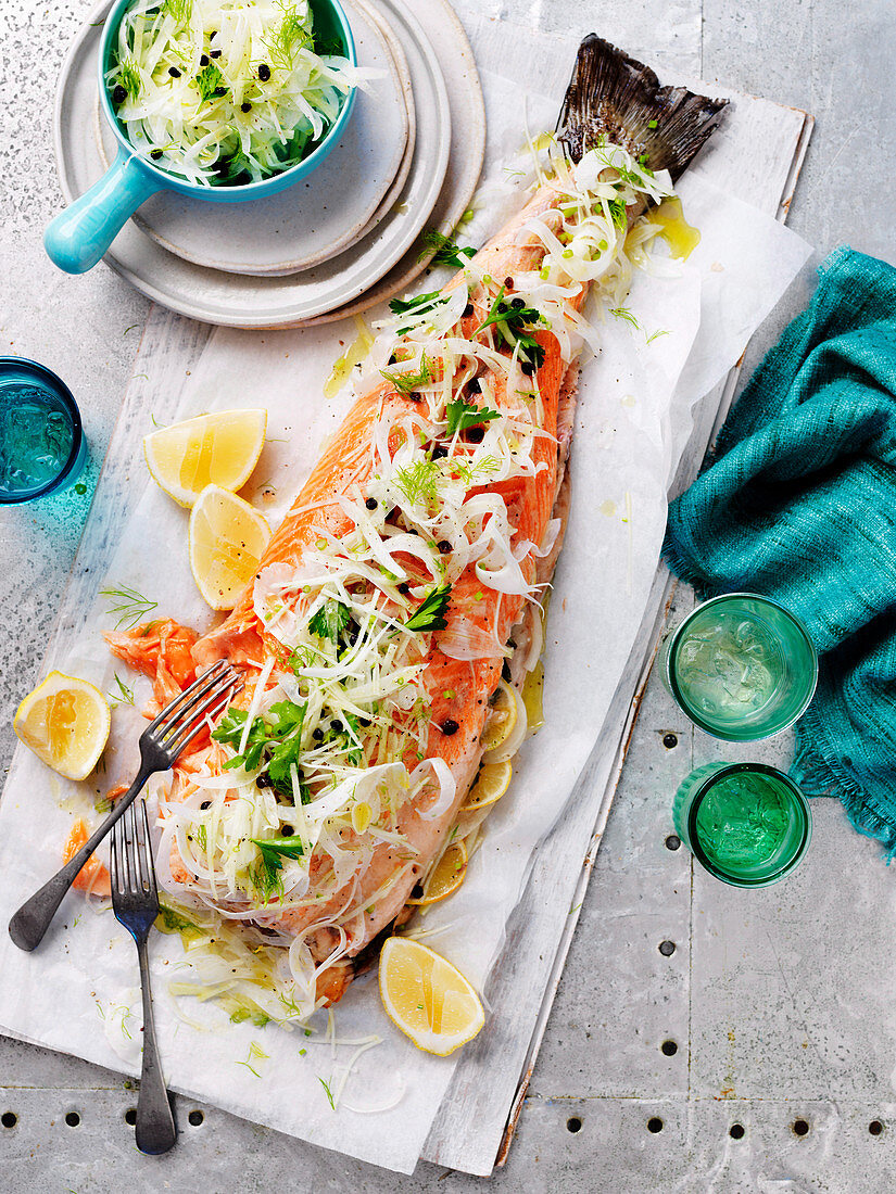 Roast salmon with fennel and apple salad