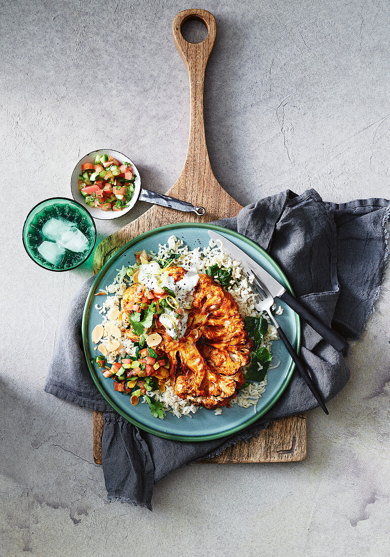 Tandoori cauliflower steaks with spinach rice