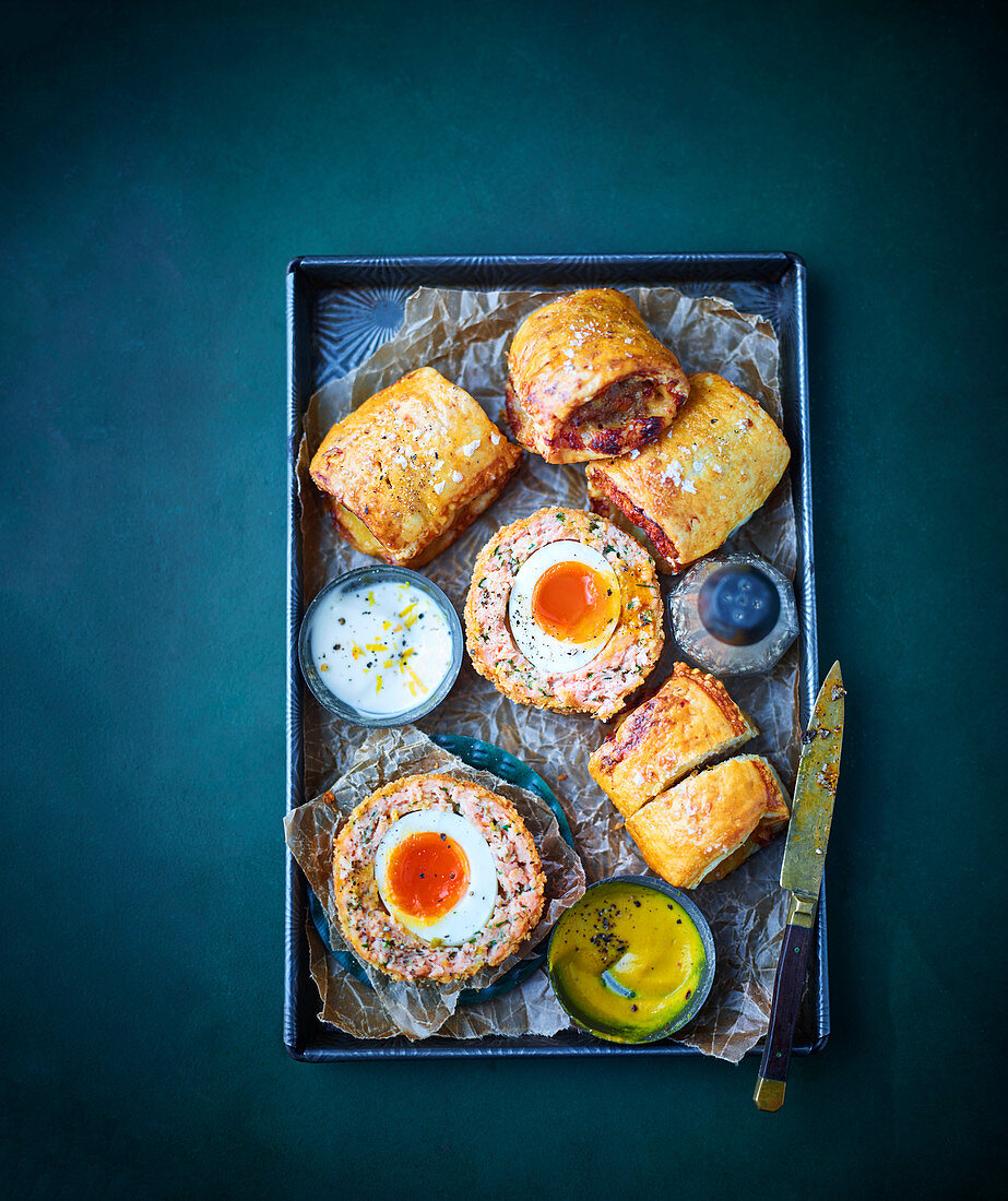 Cheese and marmite sausage rolls, Smoked salmon scotch eggs