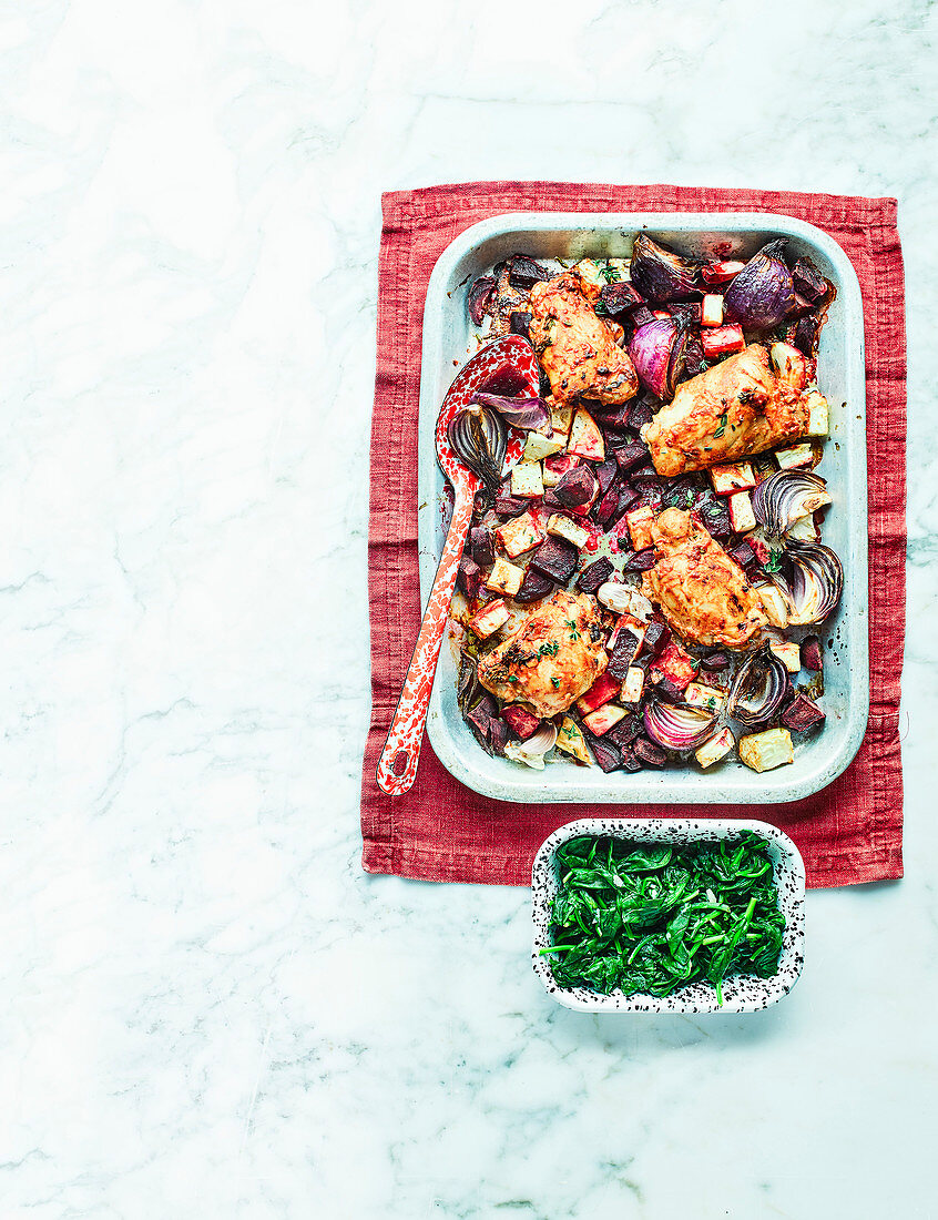 All-in-one chicken with wilted spinach