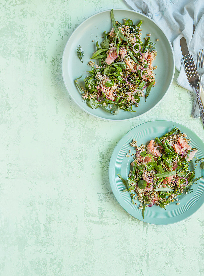 Sea trout and buckwheat salad with watercress and asparagus