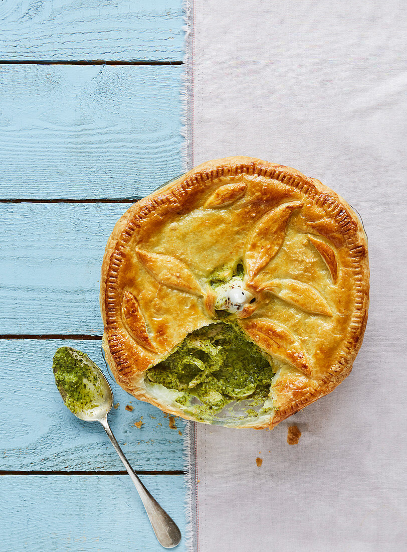 Chicken, tarragon and watercress puff pie