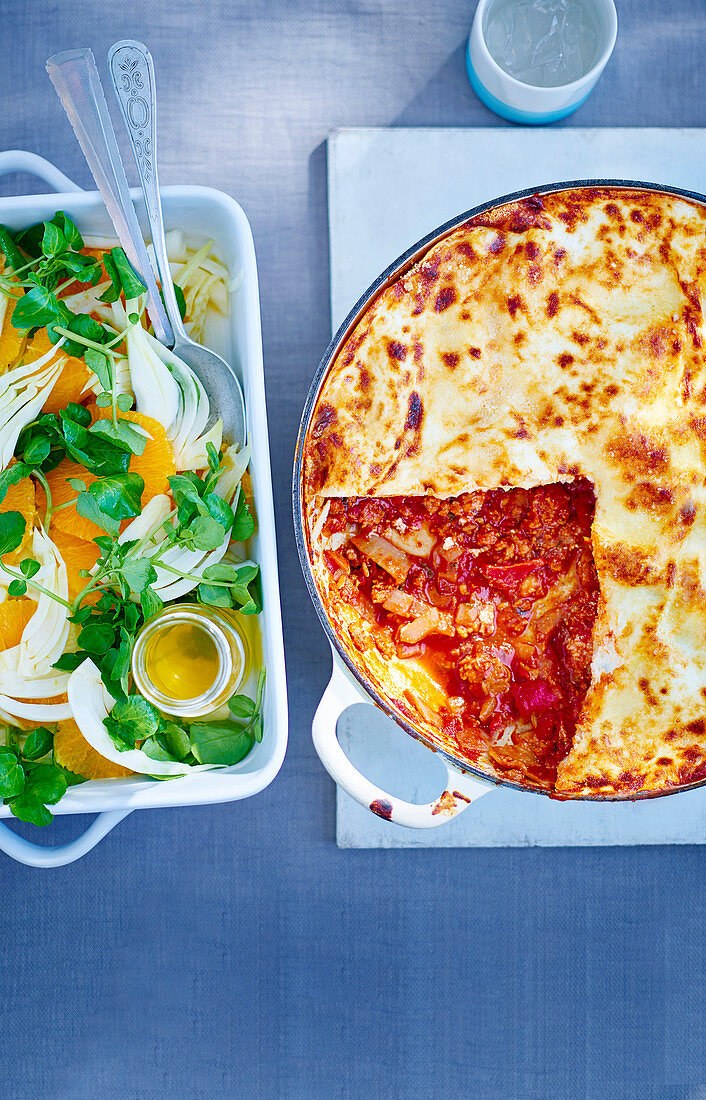 Chorizo ragu lasagne with fennel orange salad