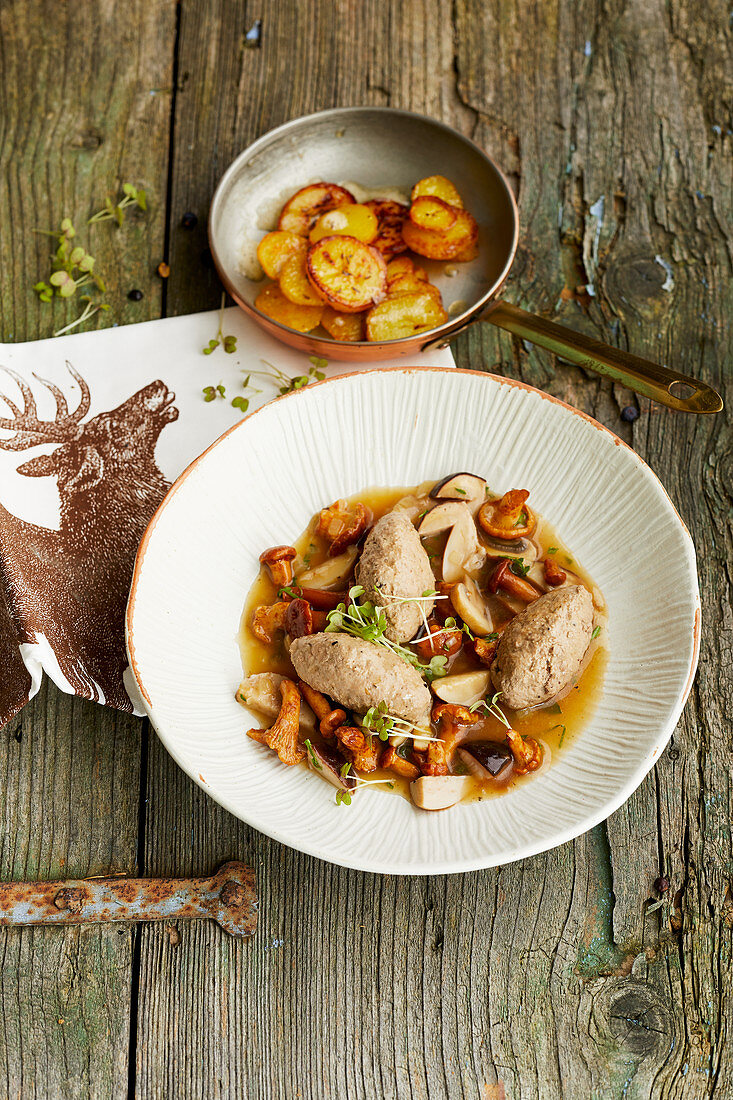 Poached venison dumplings with a mushroom ragout