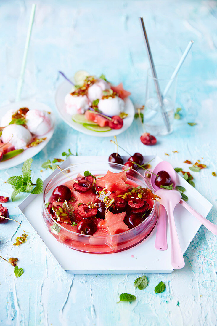 Vegan watermelon and cherries in mojito syrup