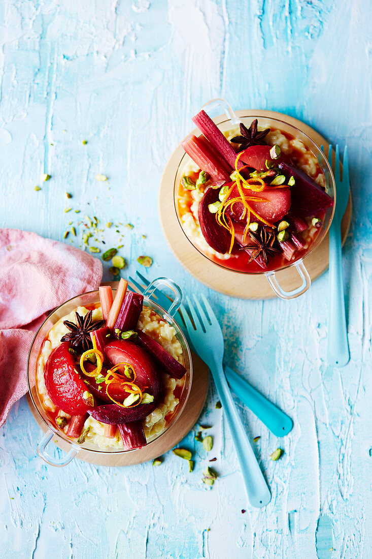 Vegan rice pudding with poached rhubarb and plums