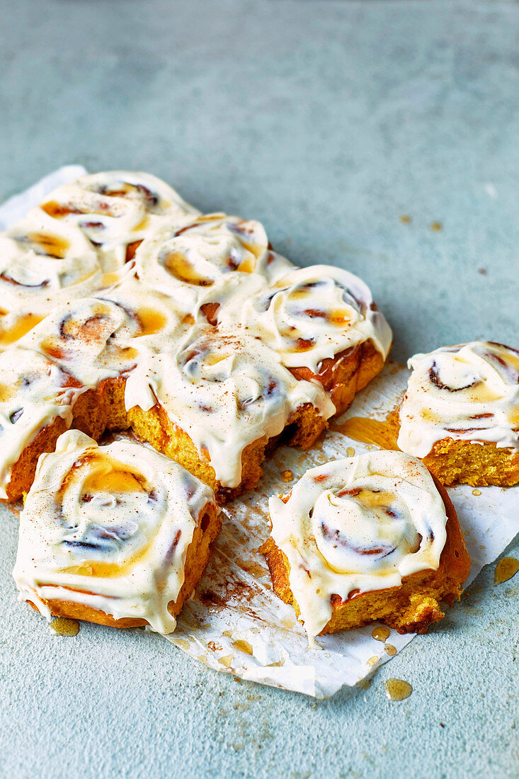 Pumpkin cinnamon rolls with maple cream cheese icing