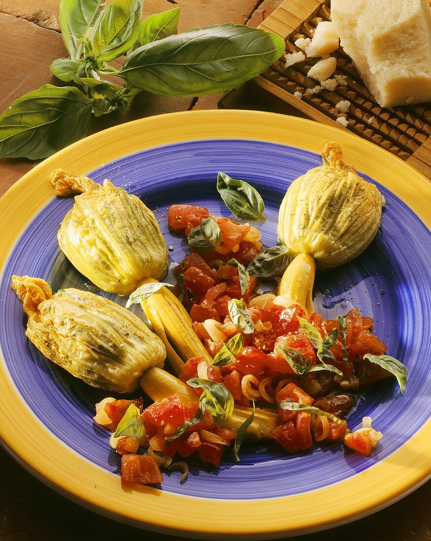 Stuffed courgette flowers with tomato & basil salad
