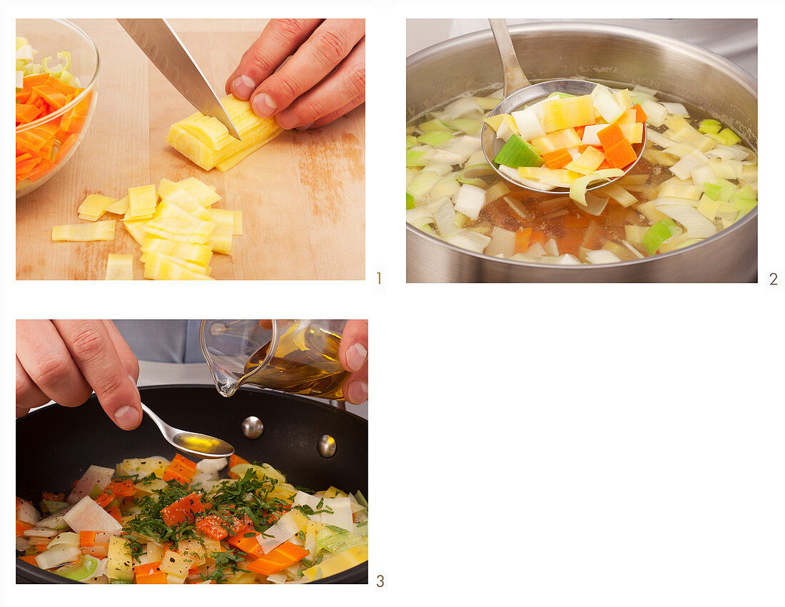 Spring vegetables being blanched and sautéed