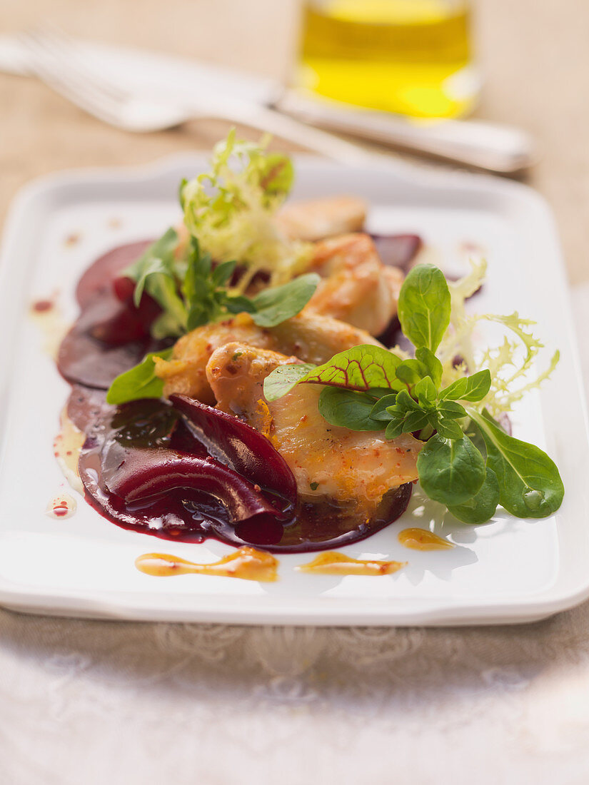 Marinated chicken breast slices with beetroot