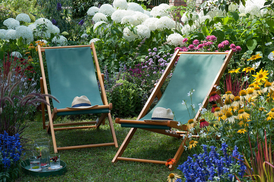 Folding deck chairs on a small lawn island between flowering perennials and hydrangeas shrub