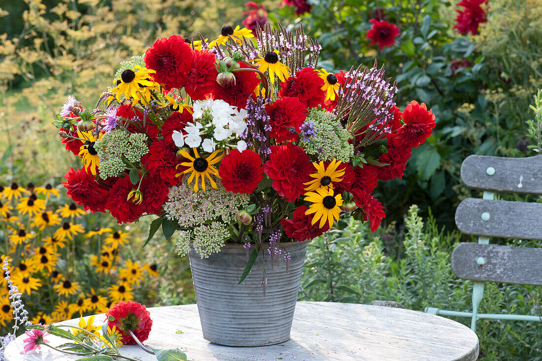 Summer bouquet with dahlias, Rudbeckia, phlox, sedum and verbena