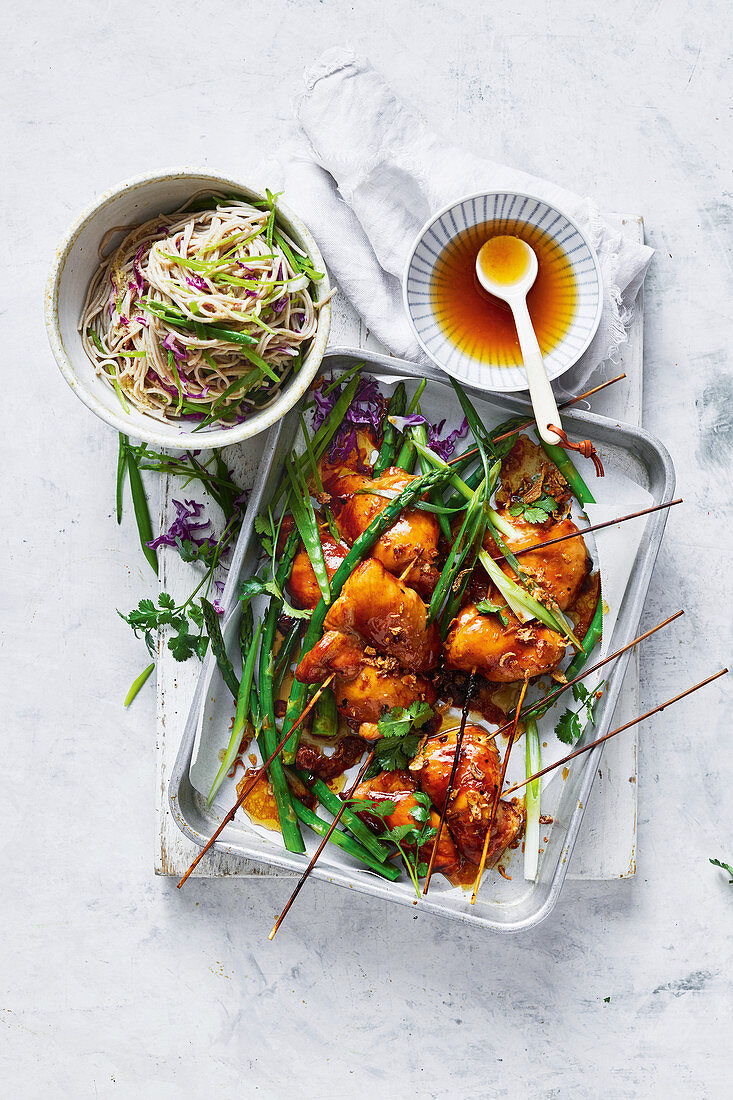 Chicken yakitori skewers with soba noodle salad