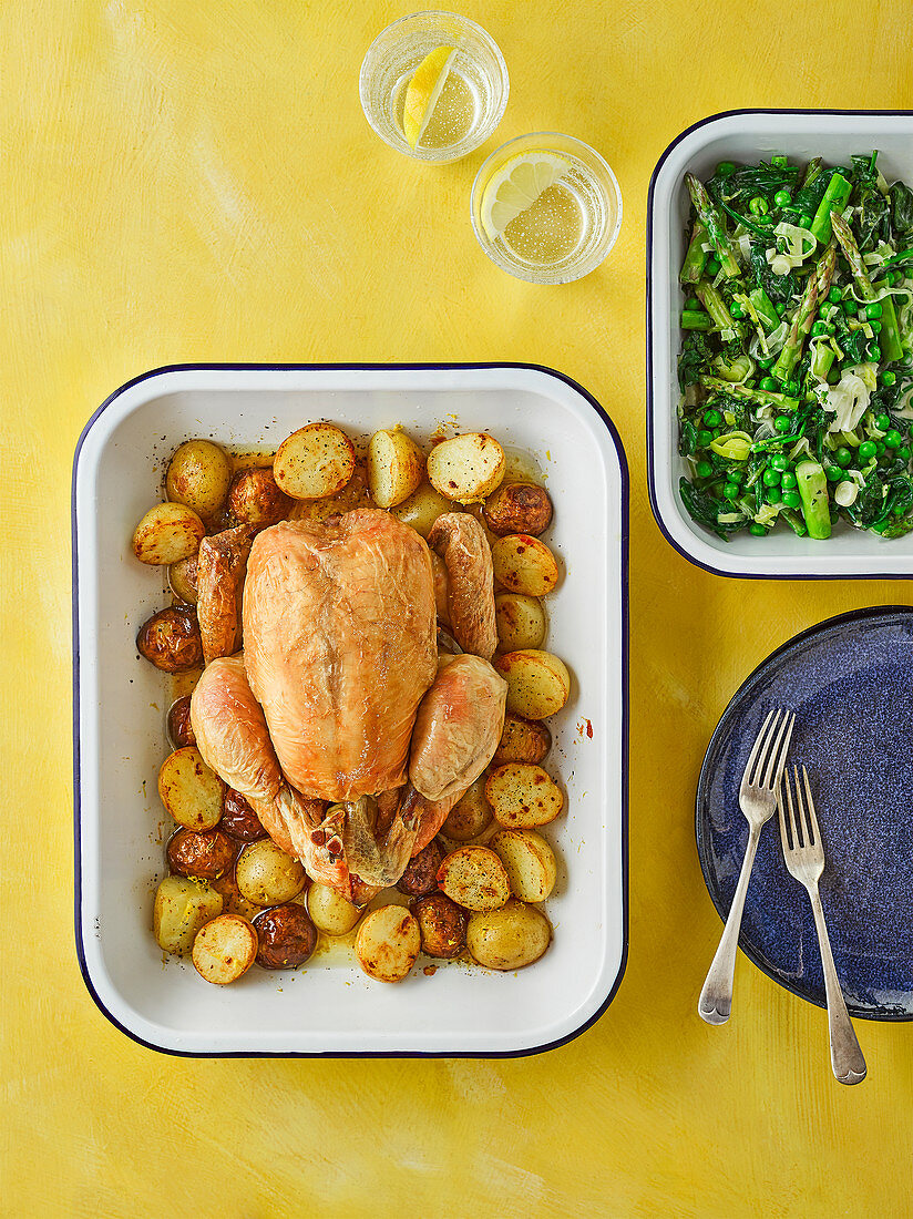 Healthy, tarragon roast chicken with summer greens