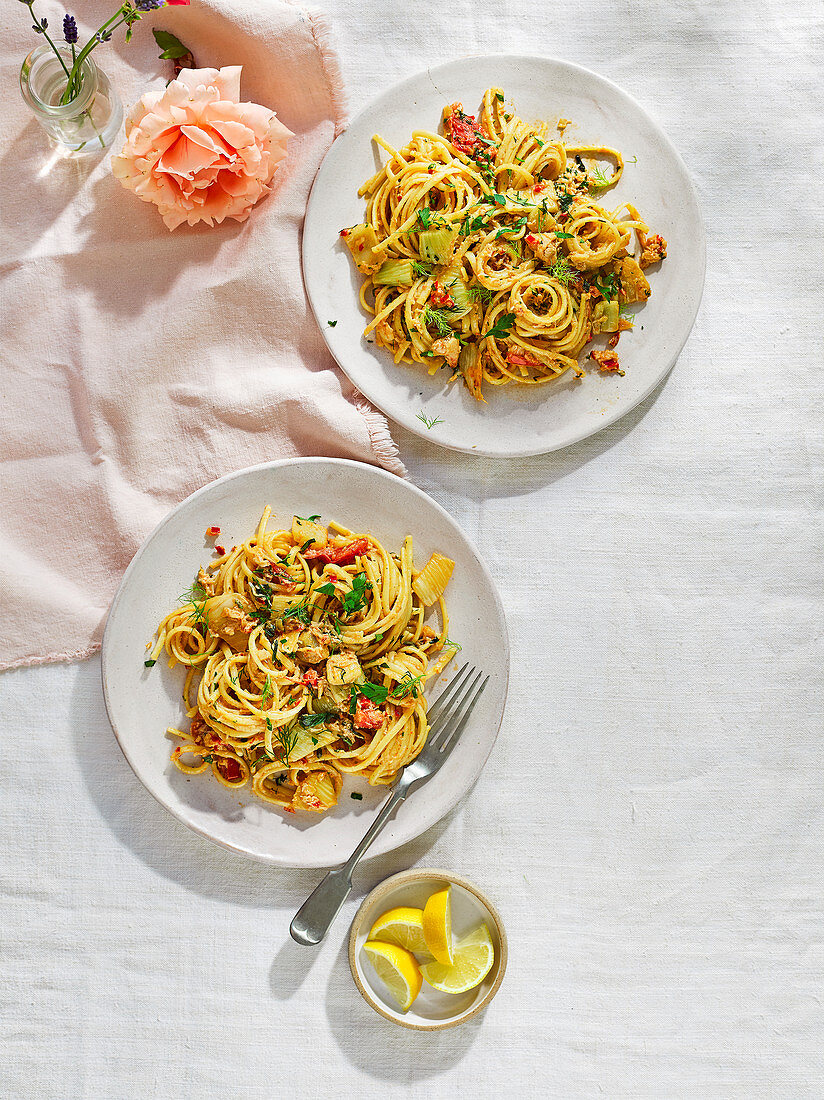 Fennel and seafood linguine