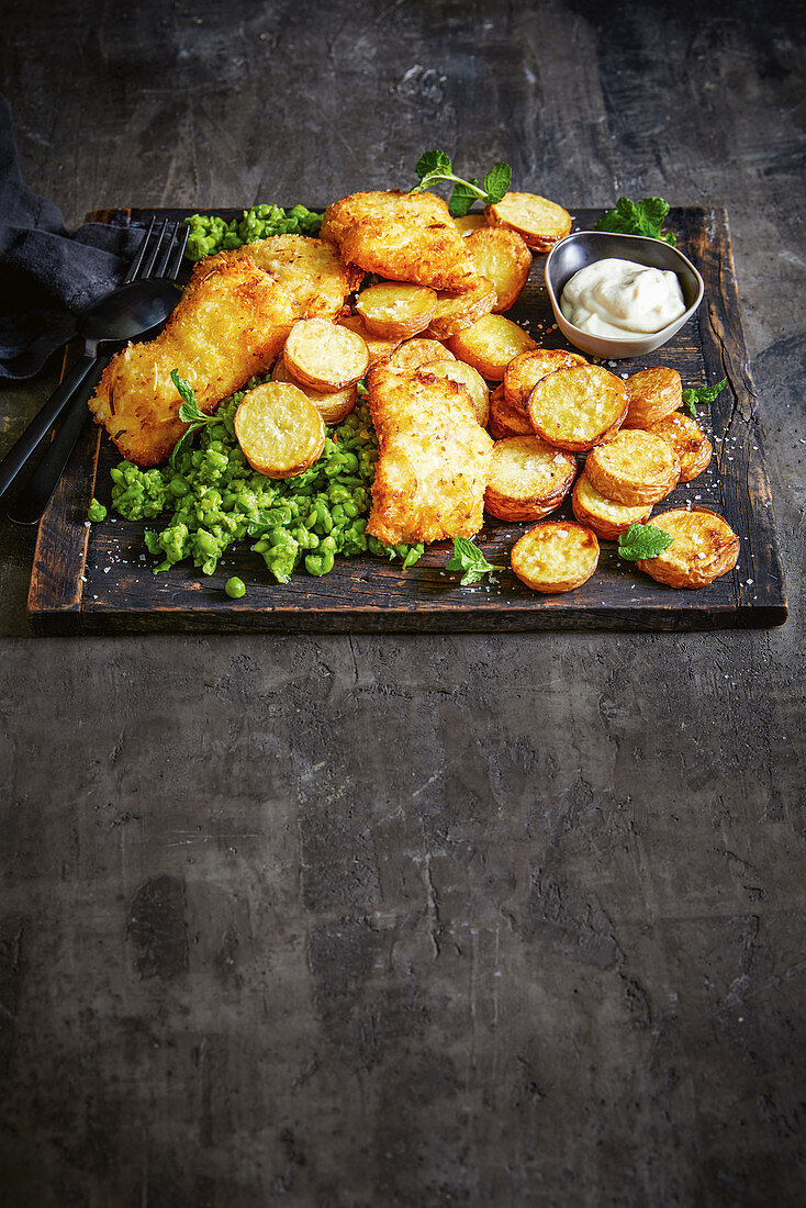 Coconut-crusted fish with minty peas and pepper potatoes