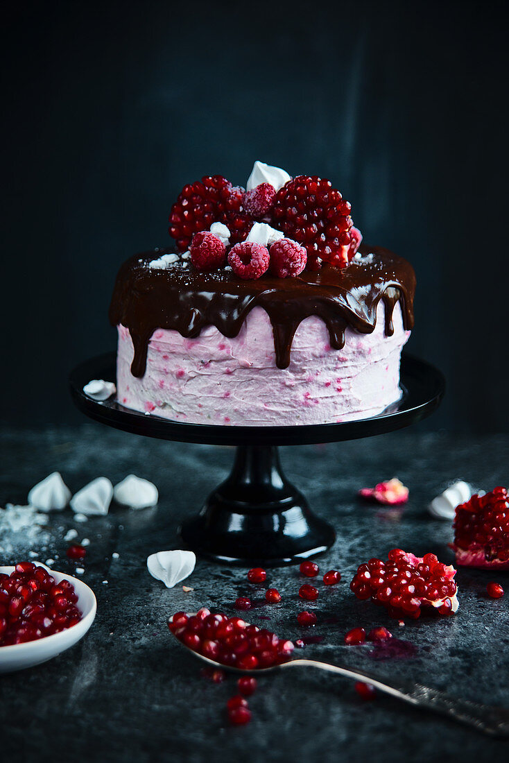 Raspberry cake with chocolate meringues and pomegranate for Christmas