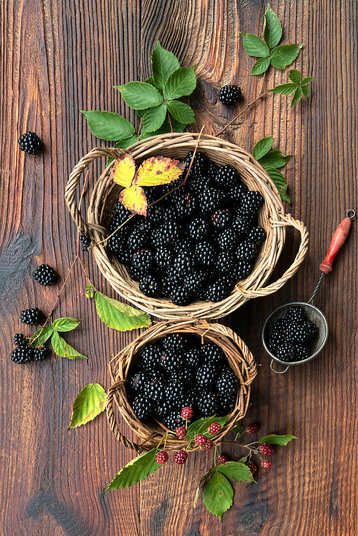 Fresh blackberries in wicker baskets