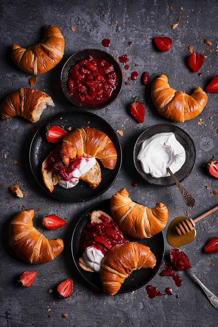 French croissants with yoghurt and strawberry rhubarb jam