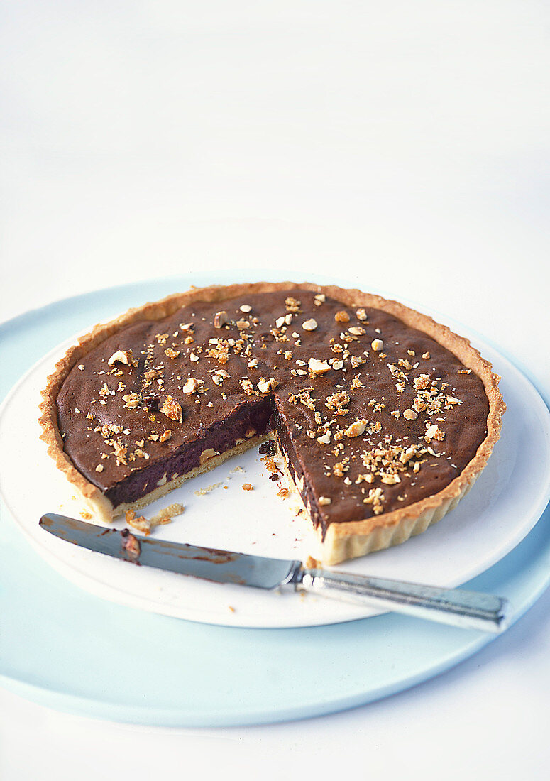 Chocolate and hazelnut praline tart