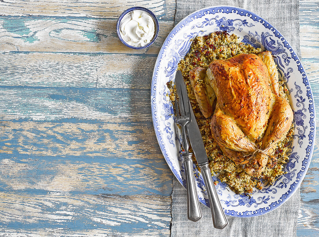 Saffron butter chicken with date and couscous stuffing