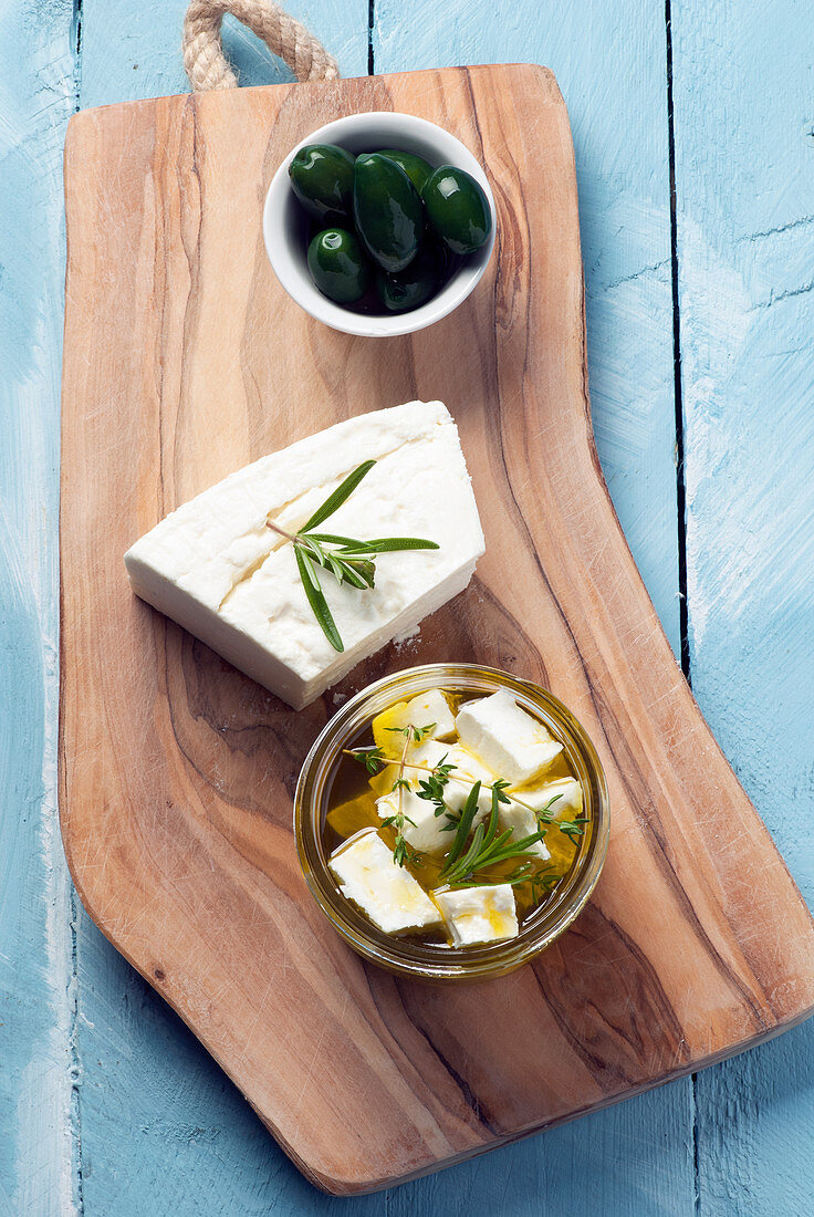 Feta cheese, olives and marinated feta in olive oil