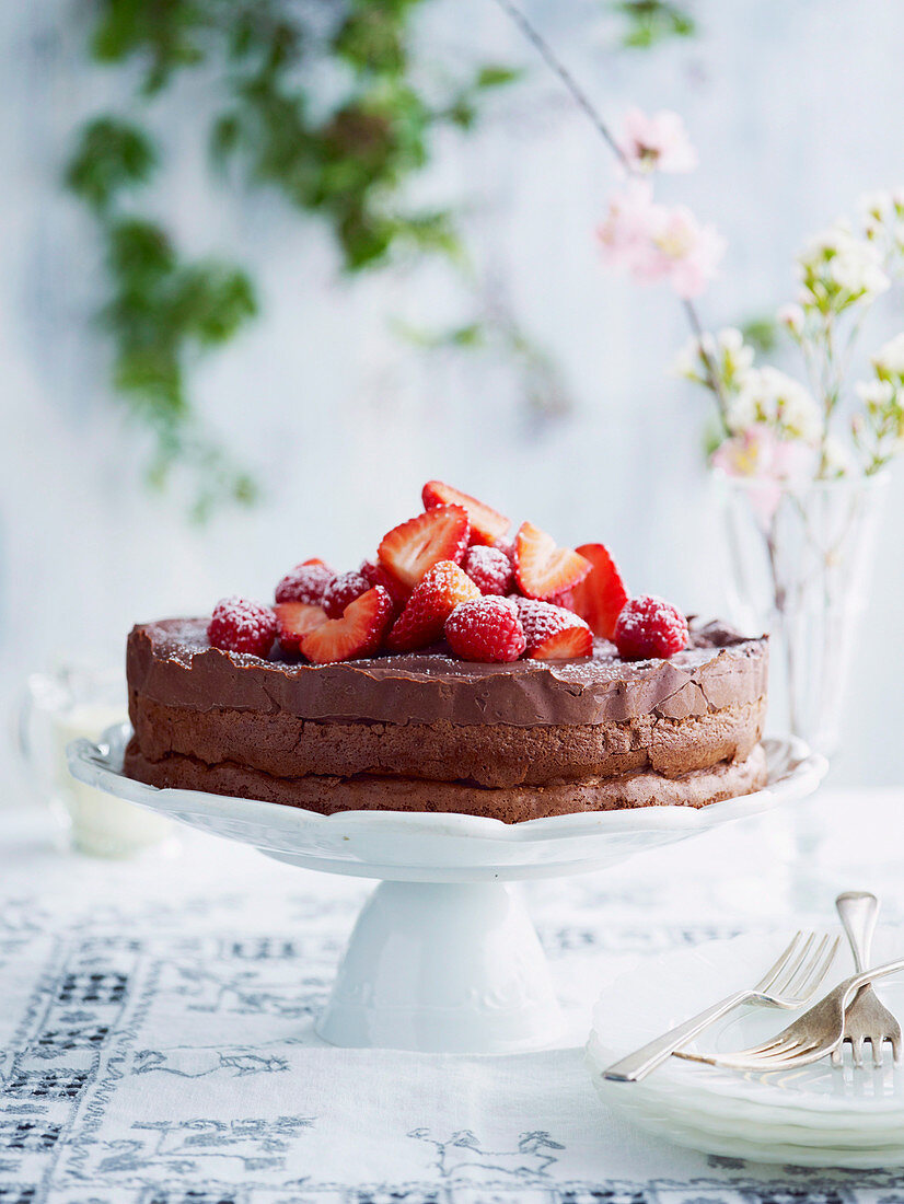 Chocolate mousse cake with strawberries