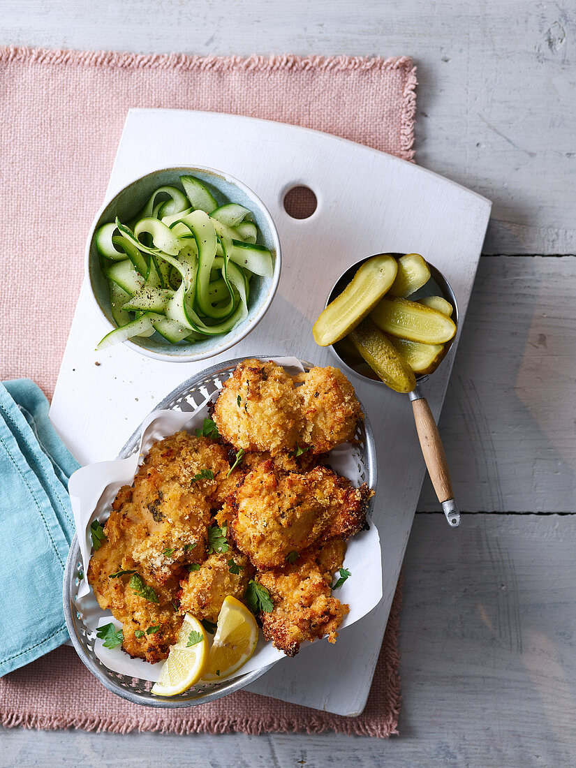 Buttermilk-baked chicken with pickled cucumbers and garlic mayo